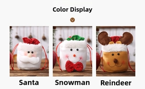 Detailed view of Santa, Snowman and Reindeer plush Christmas drawstring gift bags