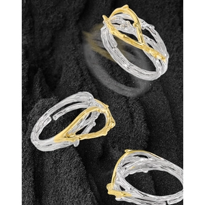 Artistic S925 silver open ring with gold-toned irregular branch vine texture design