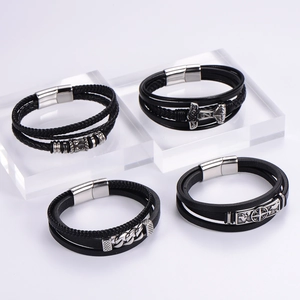 Men's multilayer leather bracelet set with Thor's hammer and vintage punk metal charms