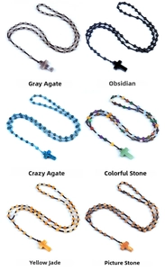 Detailed grid of six 6mm natural stone beaded cross necklaces in various crystals
