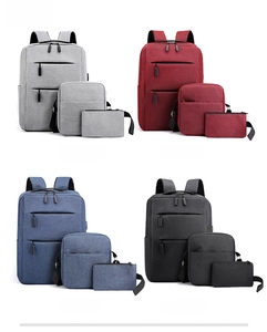 Three-piece business backpack set with USB port in grey, red, blue and black colors