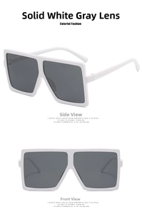 Detailed views of square white frame sunglasses with dark grey lenses in multiple angles