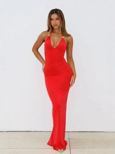 Sexy deep V-neck halter backless red maxi dress for women with bodycon slim fit design