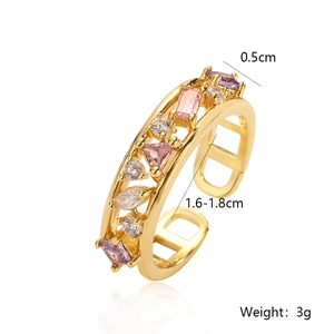 18K gold plated open ring featuring multi-shaped purple and pink cubic zirconia and pearls