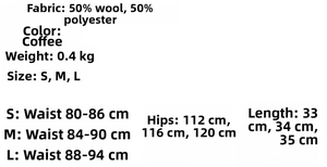 Guide des tailles pour mini-jupe en laine marron avec mesures pour tailles S, M, L