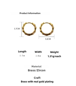 Detailed dimensions of gold-plated bamboo-shaped brass earrings with zircon accents