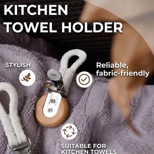 Braided rope towel clip with wooden decor and metal clamp for bathroom storage