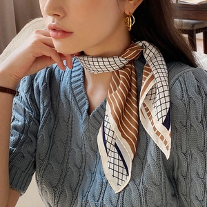 Geometric Grid Striped Square Scarf Elegant Satin Neck Scarf For Women Office Casual Fashion Accessory Head Wrap Decoration