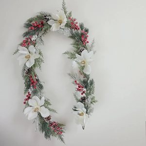 1.8m Christmas garland with white magnolia, red berries, pine cones and needles for decor