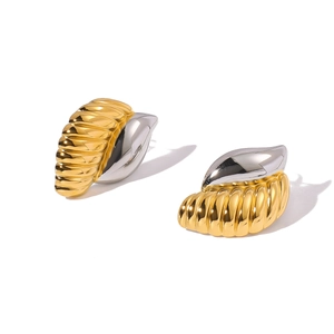 Close-up of dual-tone conch wave texture earrings in polished 18K gold and silver steel