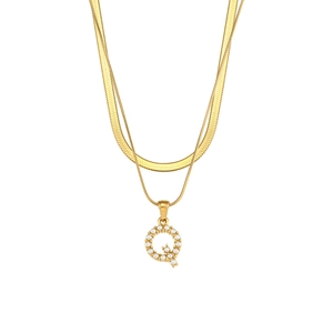 Double layer gold chain necklace featuring a pearl-inlaid letter Q pendant for women