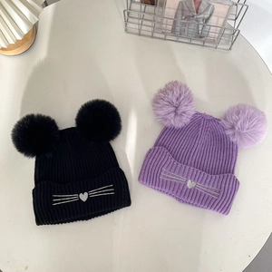Winter rib-knit children cat hat with double faux fur pom-poms and silver embroidery