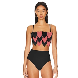 Zweiteiliges Bikini-Set mit rosa-schwarzen Herz-Patchwork und hoher Taille für den Strand
