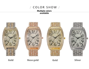 Detailed comparison of four iced-out tonneau watches in gold, silver, and rose gold finishes