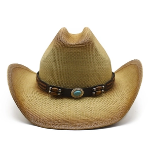Chapeau de cowboy en paille avec bande en cuir turquoise pour protection solaire