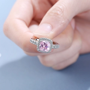 Elegant silver square pink zircon halo ring with pave-set stones for women