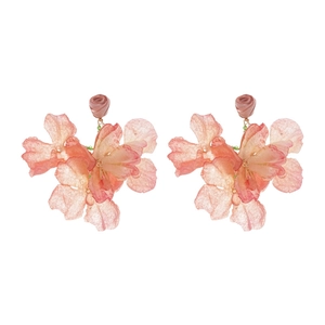 Pink fabric flower tassel earrings with sterling silver needles and crystal accents