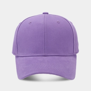 Detail view of purple cotton twill baseball cap showing reinforced stitching and eyelets