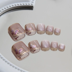 Elegant cat eye press-on toenails with purple butterfly and gold accents, 24 piece set