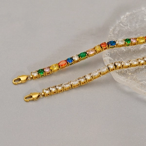Gold stainless steel tennis bracelet with colorful gemstones and clear zircon stones