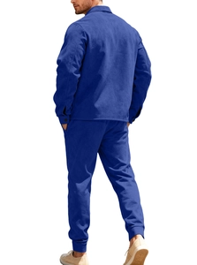 Rear view of men's navy blue casual sports jacket and trousers suit set with knit texture