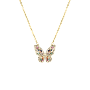 18K gold plated copper necklace with geometric butterfly pendant and colorful zircons