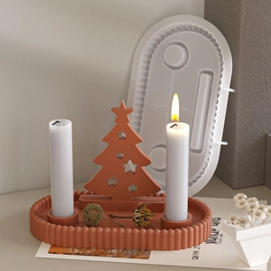 Detailed clay candle holder set with wave-edged tray and star cutout Christmas tree