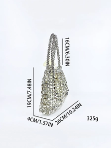 Silver metal mesh woven handbag with dimensions 26x19x4cm and sleek handle details