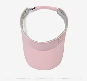 Pink sun visor hat with wide brim and metal R logo detail and adjustable strap