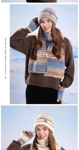 Détail de l'ensemble d'hiver tricoté avec bonnet rayé, écharpe et gants bleu et kaki