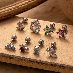 Set of 8 stainless steel cartilage studs with colorful zircons and flower designs