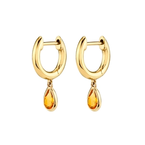 Elegant gold drop earrings with water-drop shaped orange-yellow zircon crystals