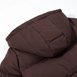 Women street fashion hooded mid-length dark brown padded jacket with quilted texture