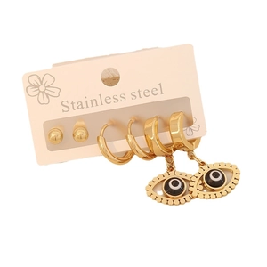Three-piece set of gold stainless steel stud earrings and evil eye drop earrings