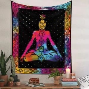 Detail of meditation tapestry featuring 7 chakras in a cozy lifestyle room setting