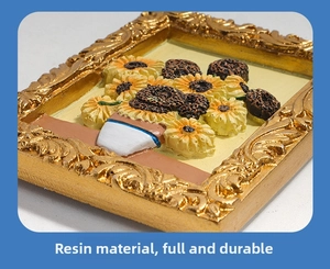 Macro detail of 3D resin sunflower fridge magnet with vintage gold embossed frame