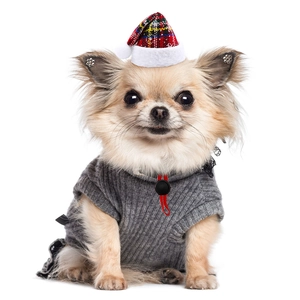 Detailed view of gray knit high-neck pet sweater and festive plaid Christmas hat accessory