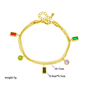 Gold double-layer titanium bracelet with colorful zircon charms and 16+5cm chain length