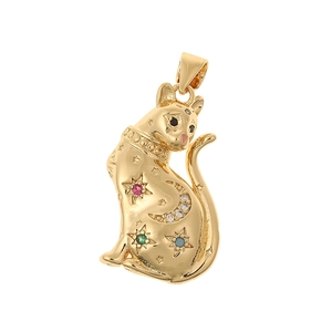 Golden cat pendant with celestial star and moon patterns and colorful zircon inlay