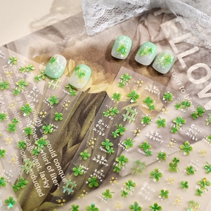 Fresh four-leaf clover nail stickers with green plaid and yellow star patterns