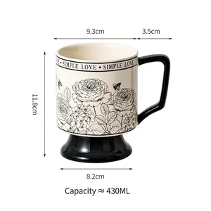 Vintage 430ml ceramic goblet mug with black rose garden print and high footed base
