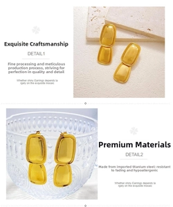 Detailed view of polished gold square drop earrings made of high-quality titanium steel