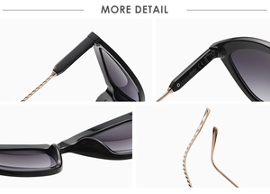 Detail view of woven rose gold metal temples and gradient grey lenses on cat-eye sunglasses