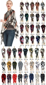 Detailed catalog of 44 colorful plaid cashmere-like triangle scarves for autumn and winter