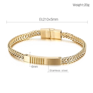 Detail shot of gold wheat-pattern stainless steel bracelet with product specifications