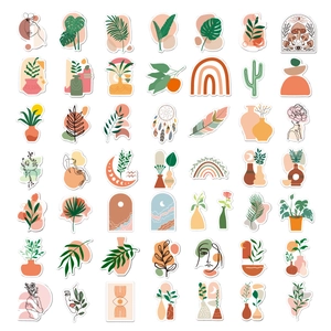 Set of bohemian stickers with tropical leaves and abstract art in earthy tones