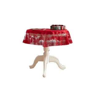 Red round lace Christmas tablecloth with scalloped floral edges for holiday dining decor