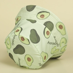 Light green fisherman hat with avocado prints and Avocado text for sun protection