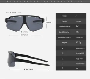 Detailed size specifications for outdoor sports sunglasses showing frame dimensions