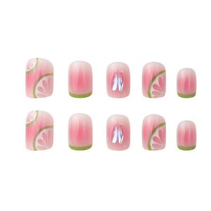 Lime aurora gradient press-on nails with French green tips and iridescent accents